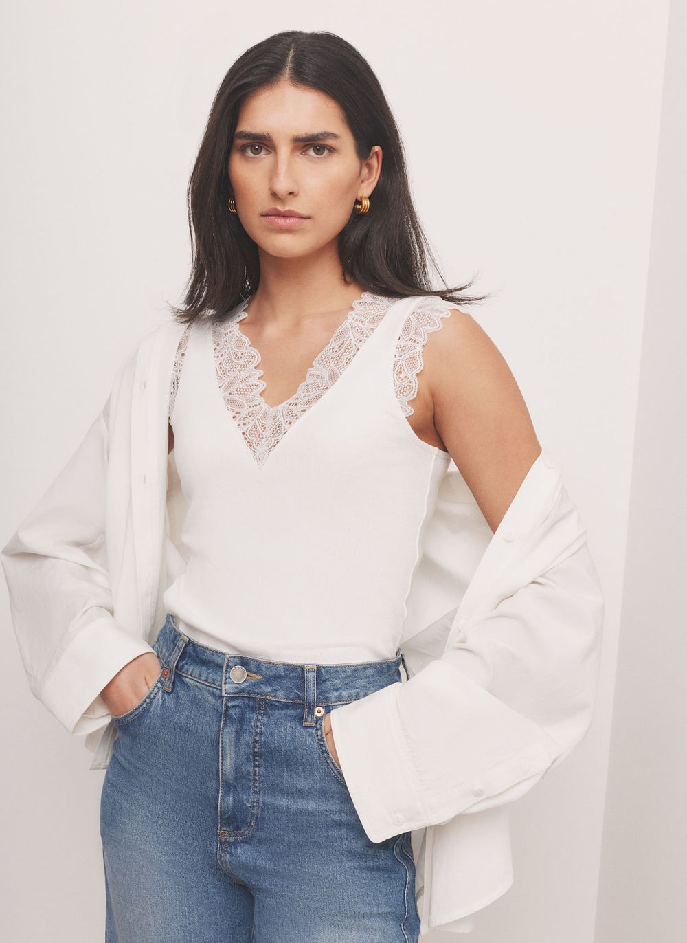 White Cotton Blend Lace Detail Top