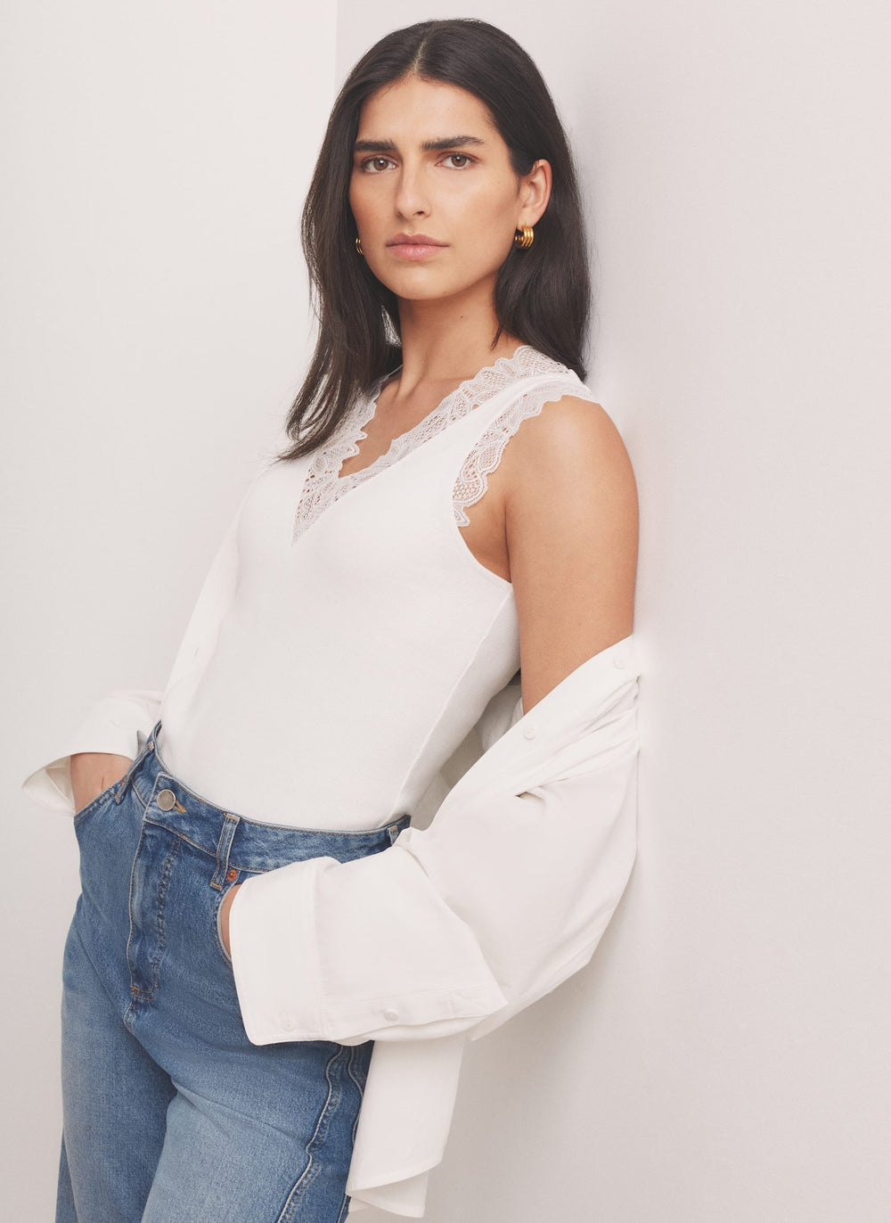 White Cotton Blend Lace Detail Top