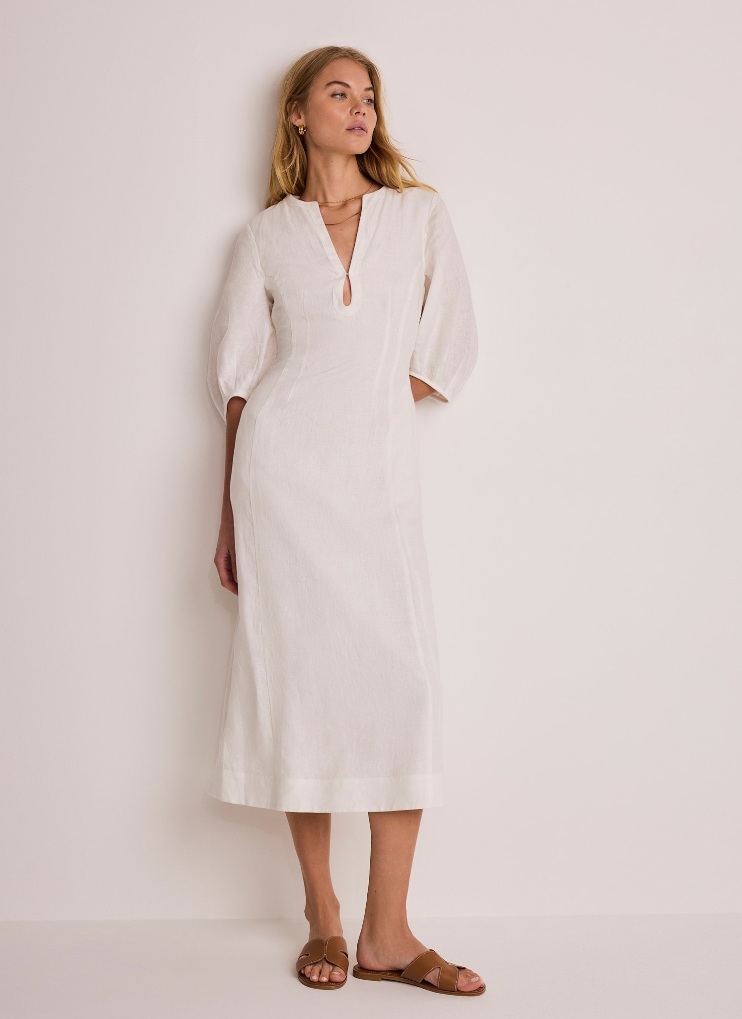 Mint Velvet White Beige Puff Sleeve Midi Dress | Size 12 | White | 3/4 Sleeve