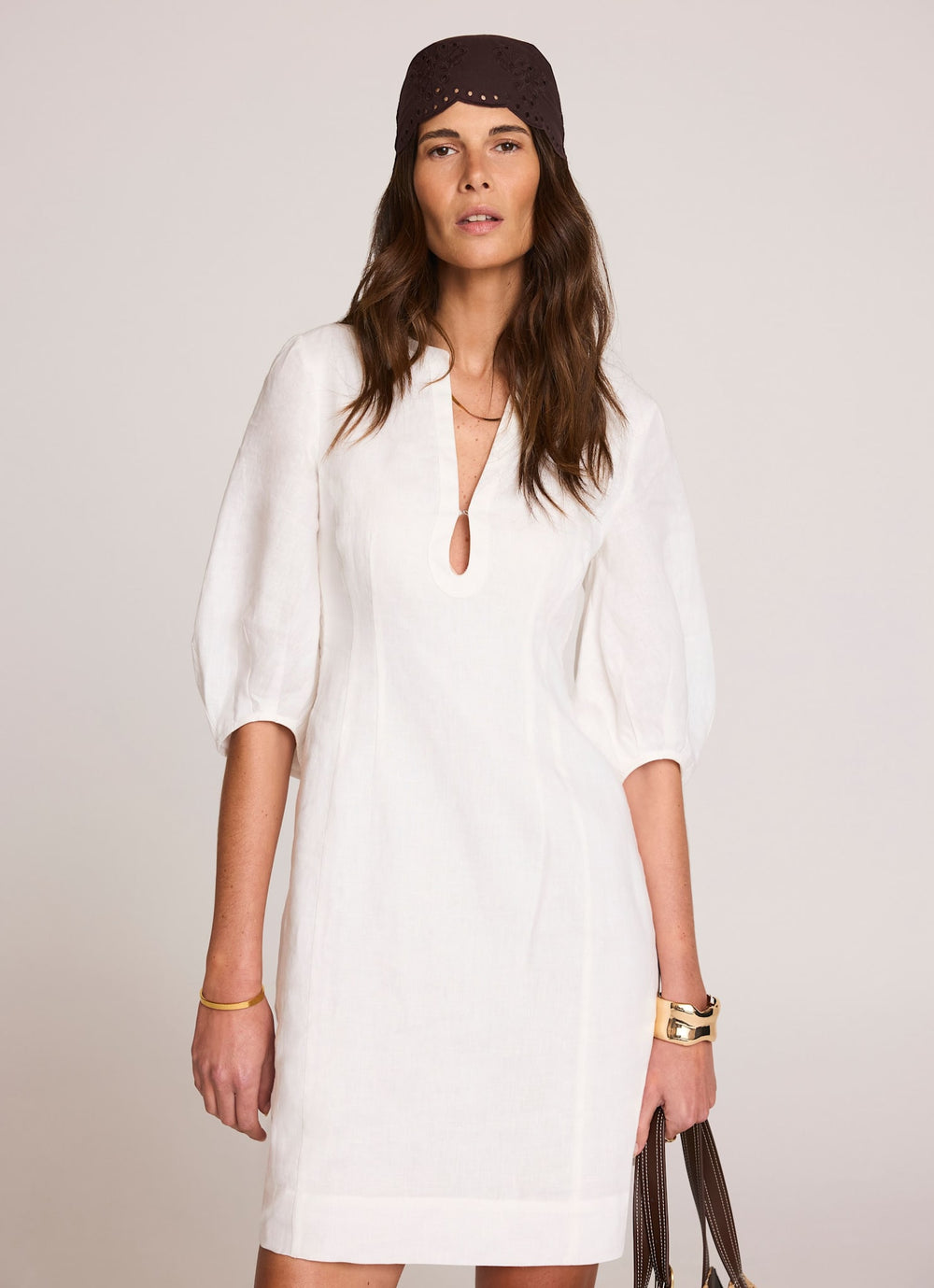 White Linen Puff Sleeve Mini Dress