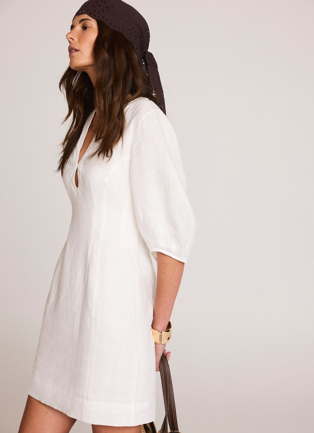 White Linen Puff Sleeve Mini Dress