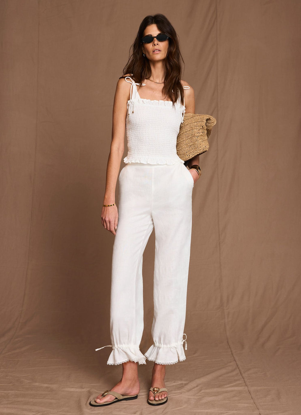 White Linen Ruffle Hem Cropped Trousers