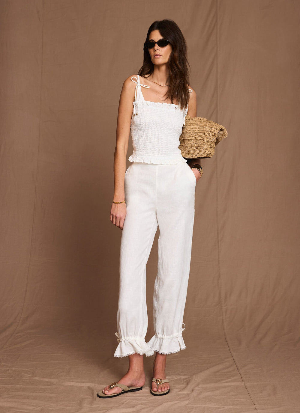 White Linen Ruffle Hem Cropped Trousers
