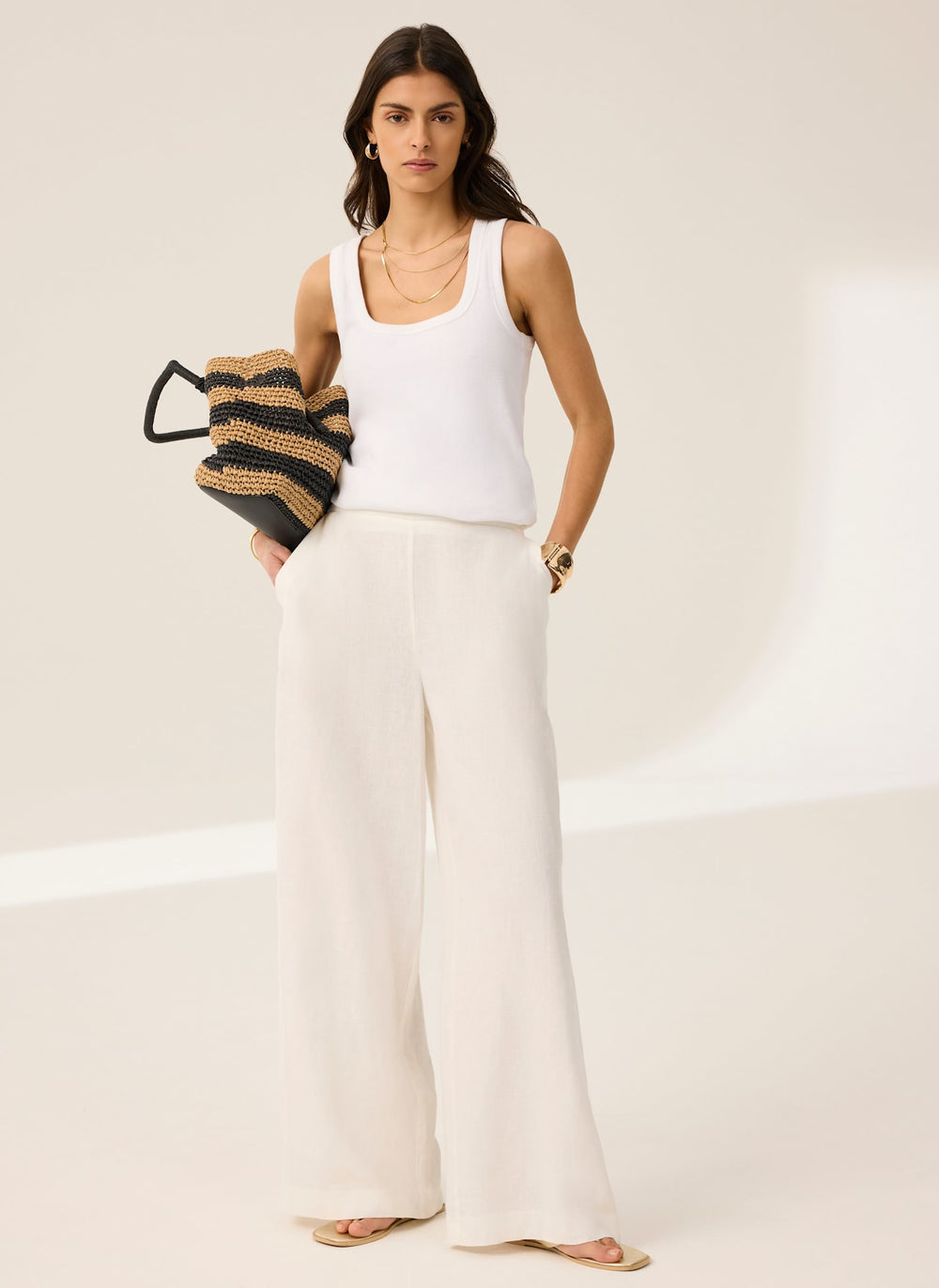 White Linen Scallop Trim Trousers
