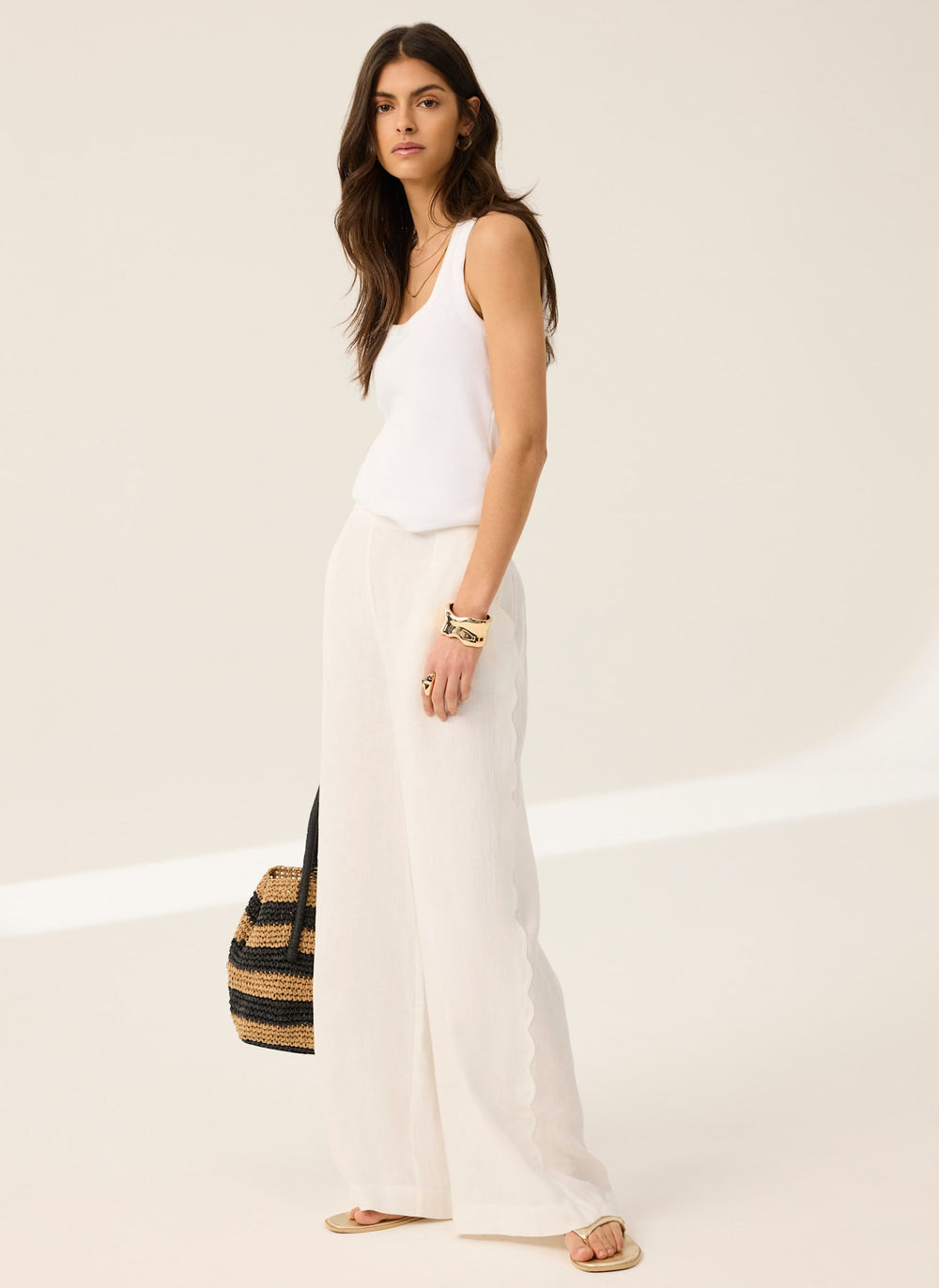 White Linen Scallop Trim Trousers