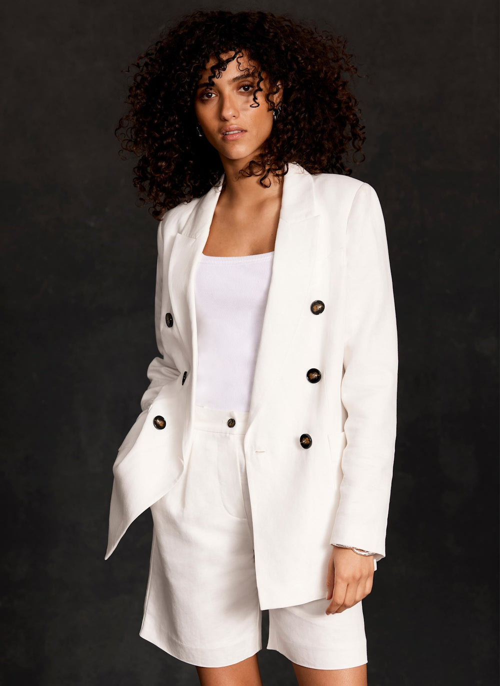 White Linen Blend Tailored Shorts
