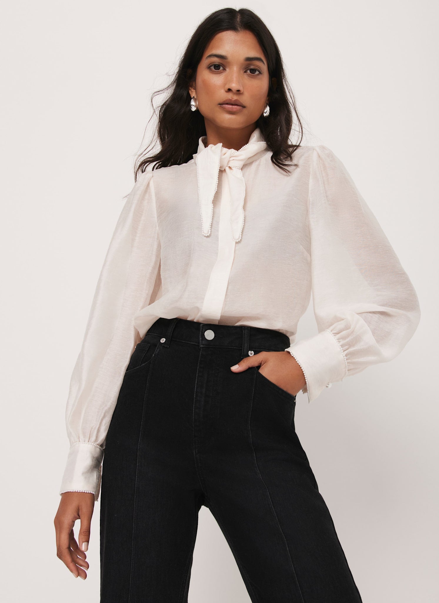 Cream Pearl Trim Tie Neck Blouse – Mint Velvet