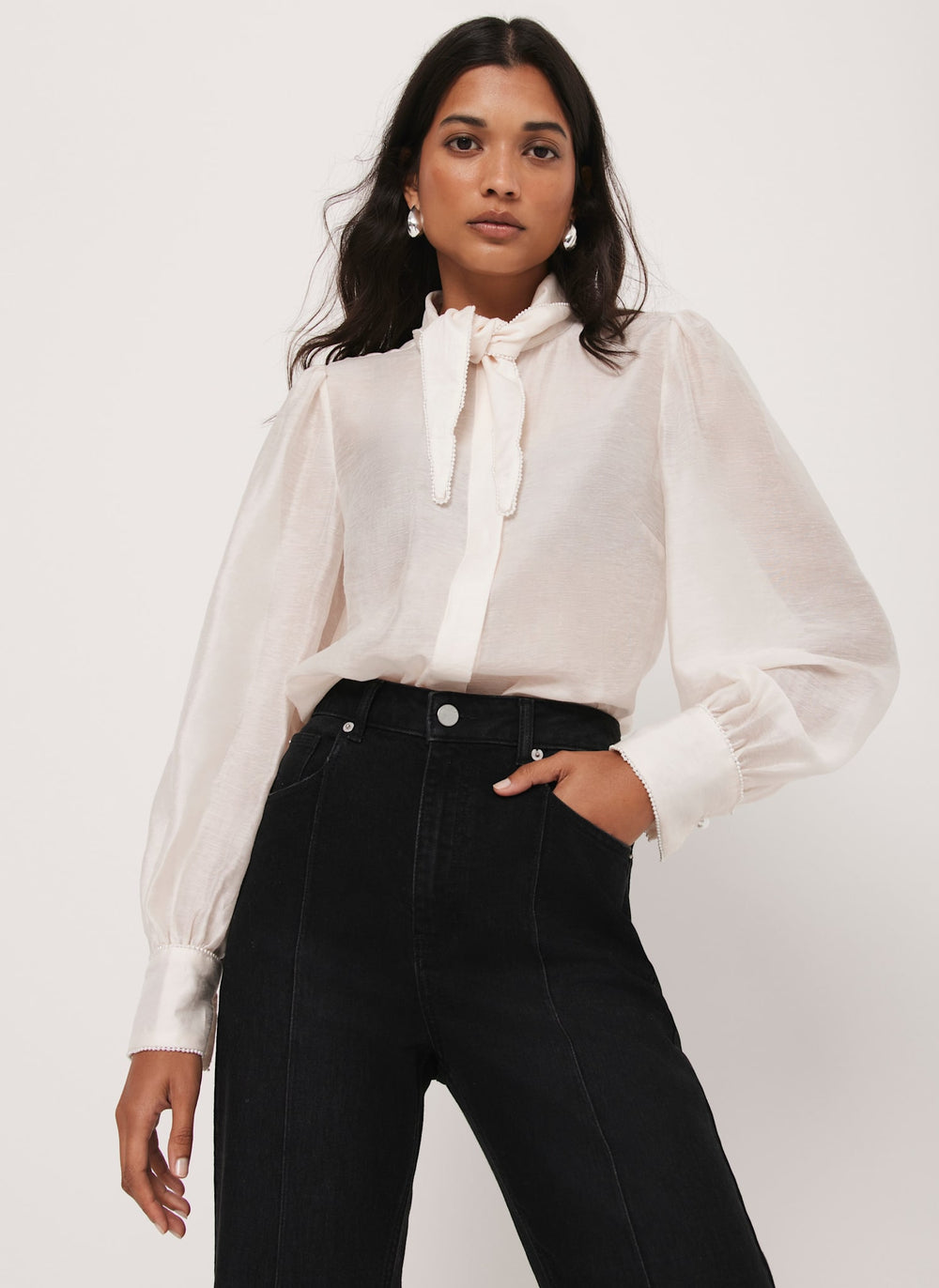 Cream Pearl Trim Tie Neck Blouse