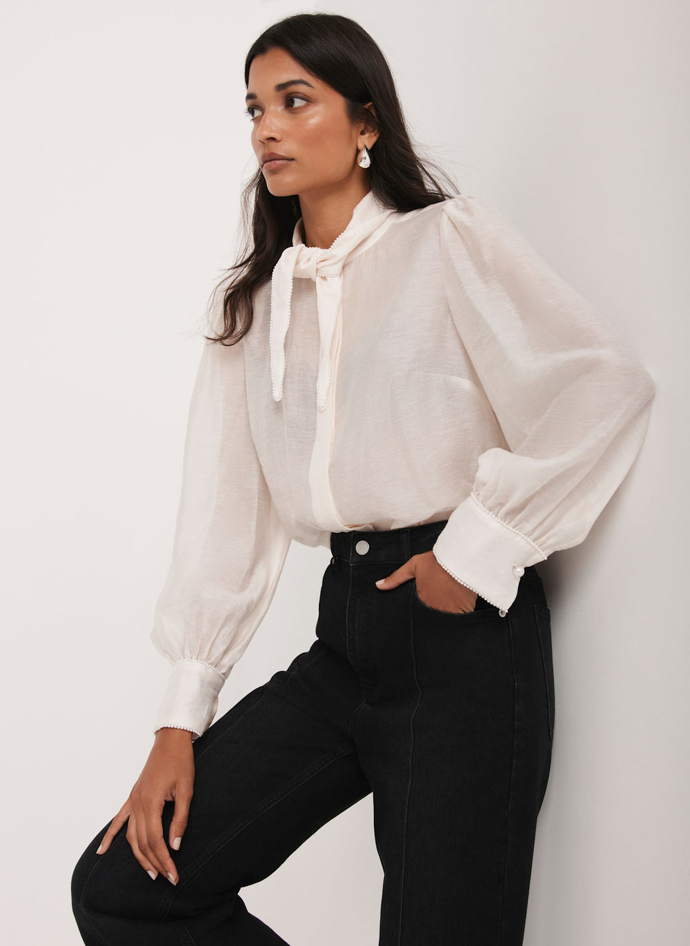 Cream Pearl Trim Tie Neck Blouse