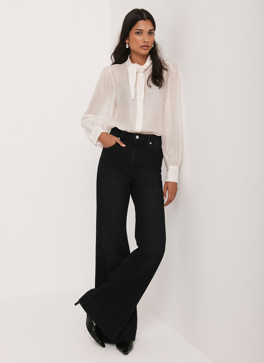 Cream Pearl Trim Tie Neck Blouse