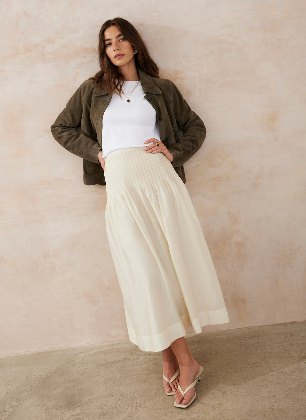 Cream Pintuck Maxi Skirt