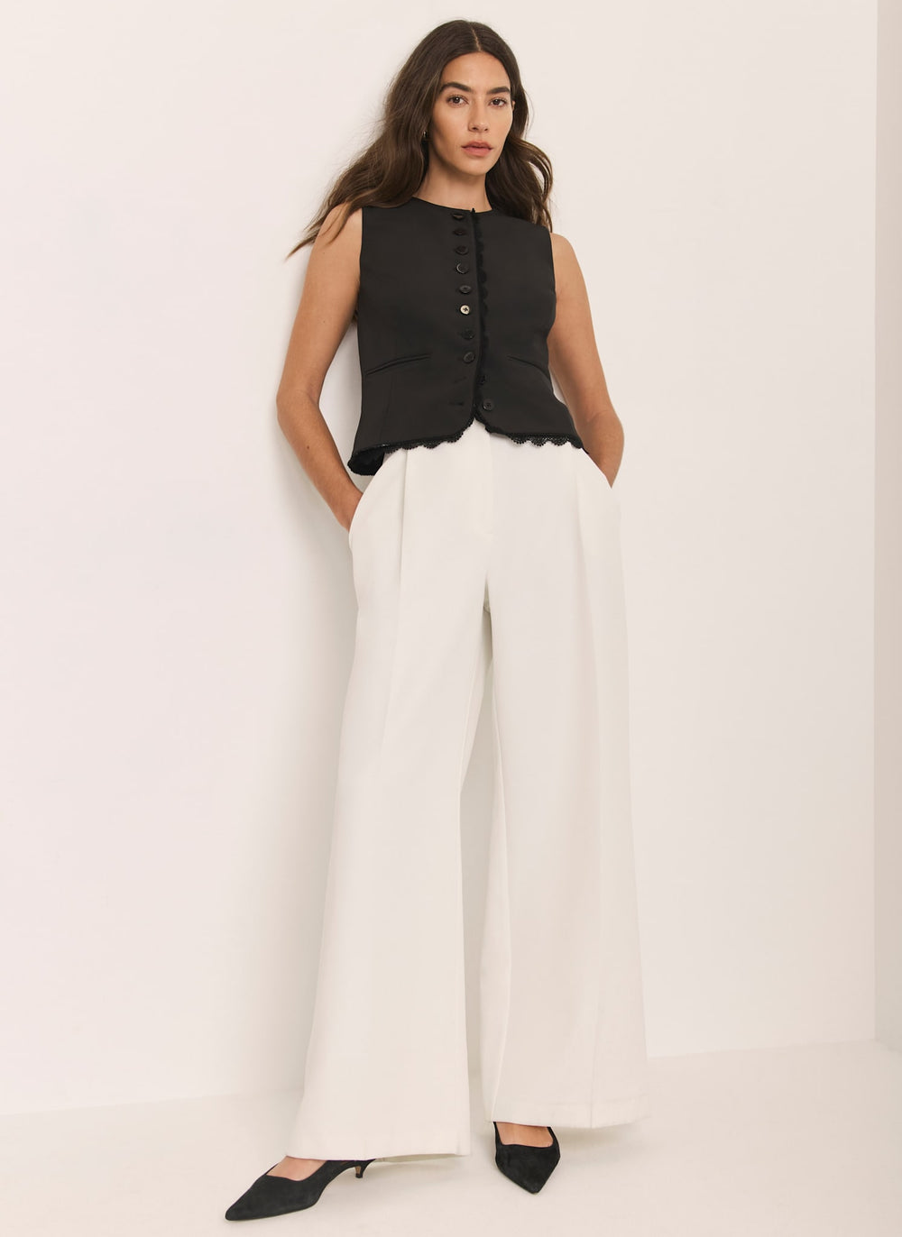 White Pleated Wide Leg Trousers