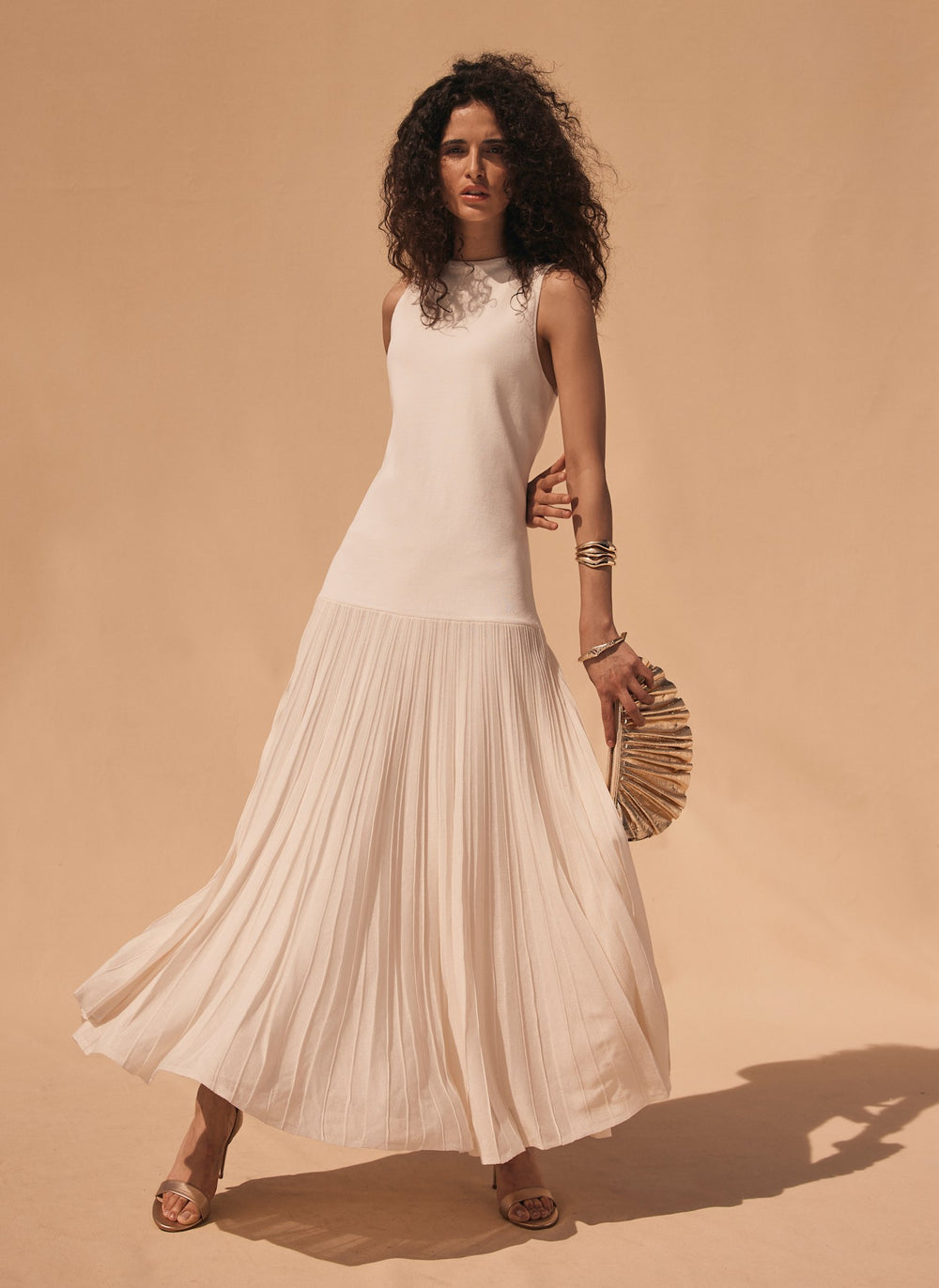 Cream Pleated Knit Maxi Dress
