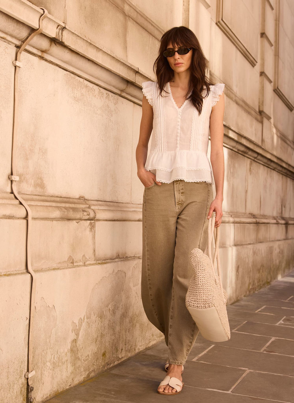 White Ramie Ruffle Detail Blouse