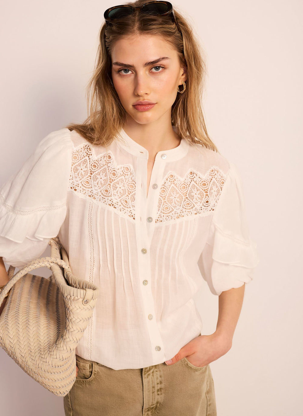 White Ramie Lace Detail Blouse