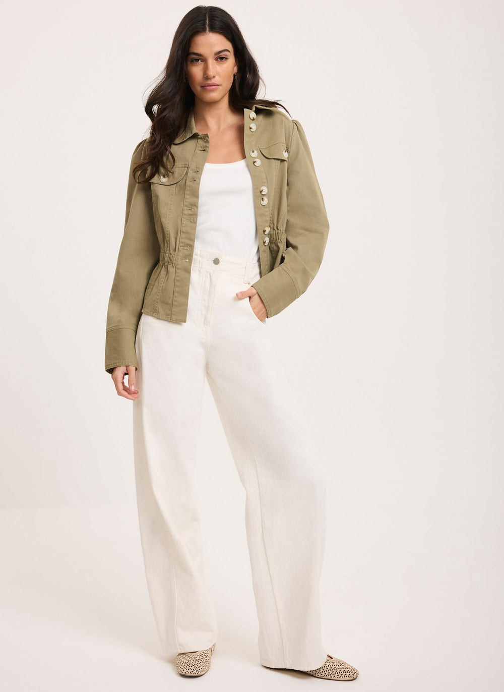 Cream Relaxed Wide Leg Jeans