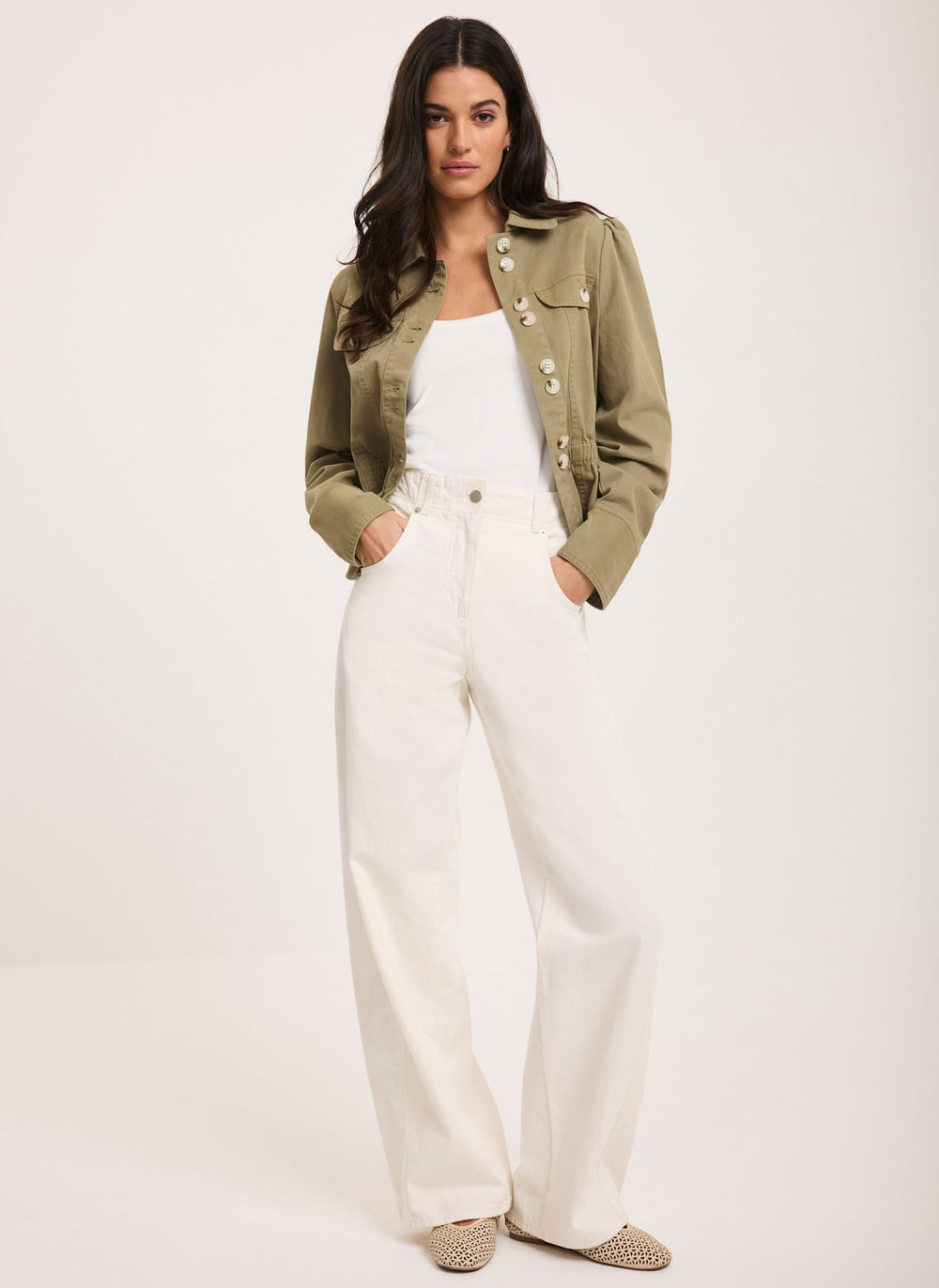 Cream Relaxed Wide Leg Jeans