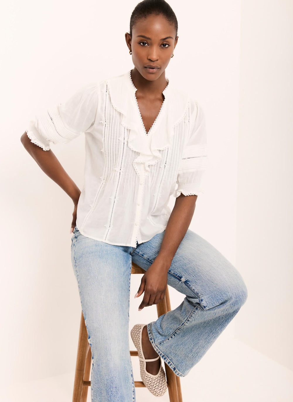 Cream Cotton Ruffle Blouse