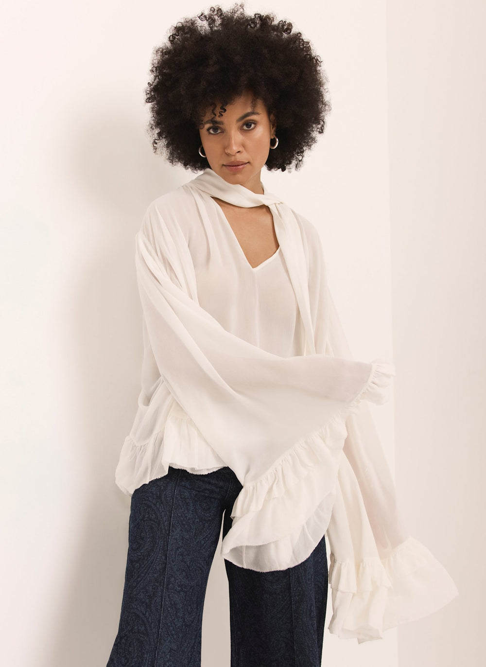 Cream Ruffle Tie Detail Blouse