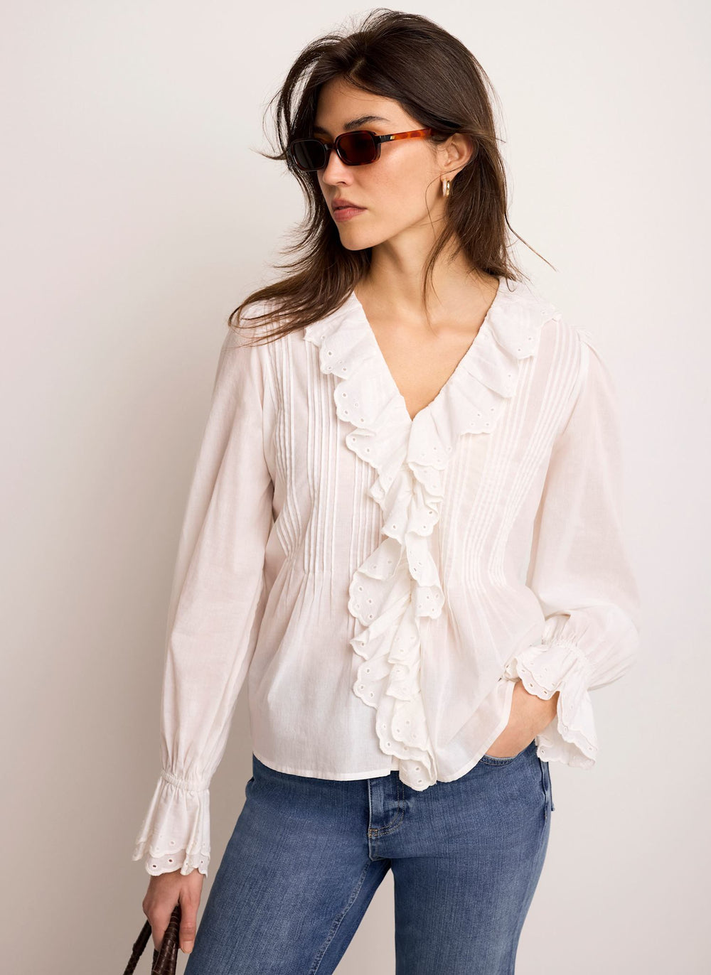White Cotton Ruffle Trim Blouse