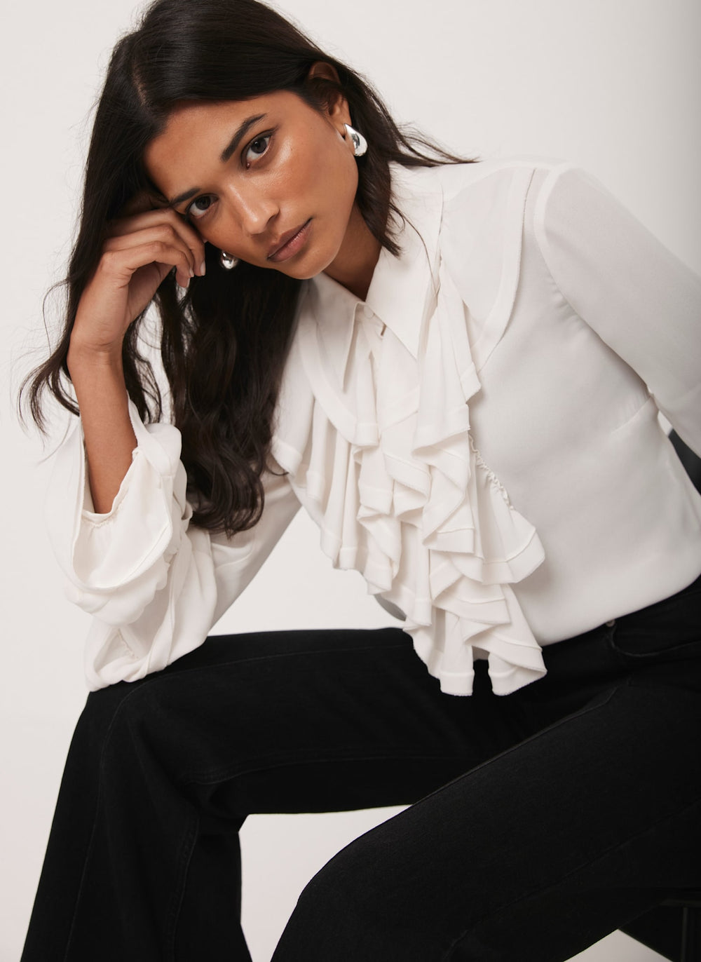 White Ruffle Detail Shirt