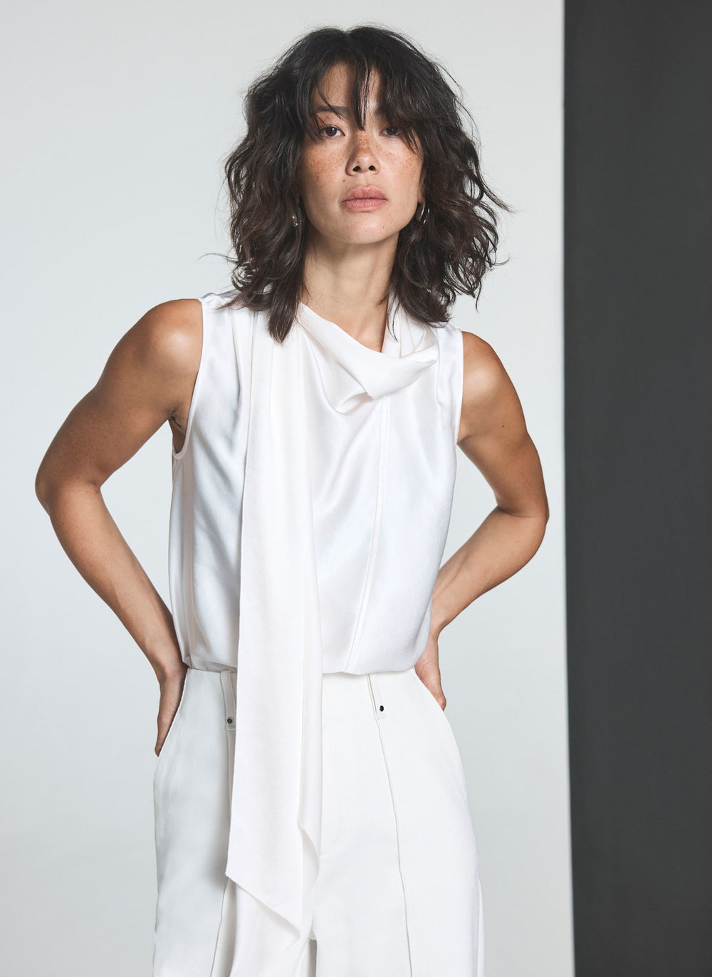 White Satin Scarf Detail Top