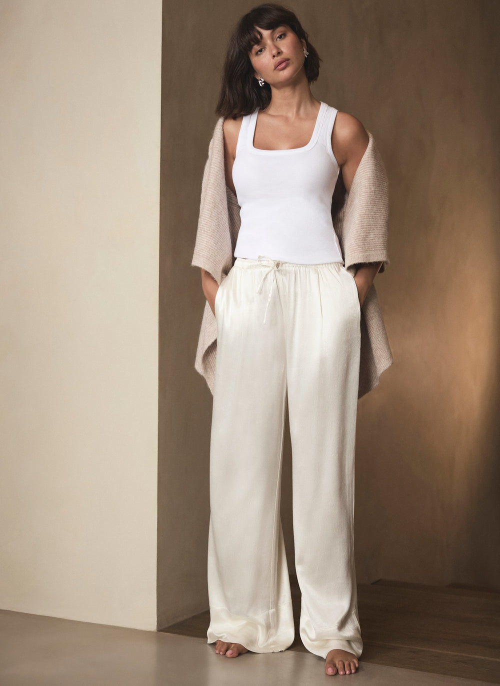 Cream Satin Wide Leg Trouser