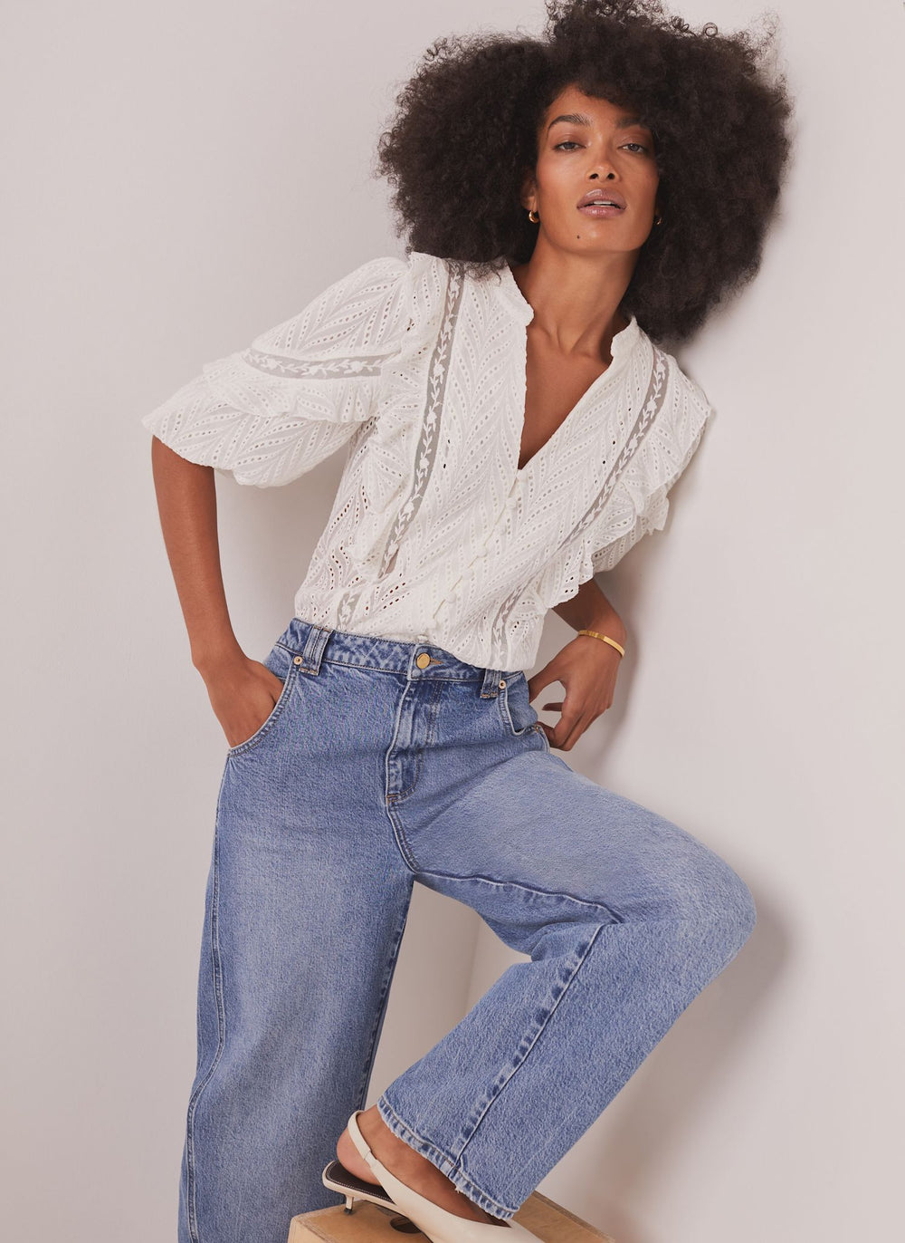 White Ruffle Puff Sleeve Blouse