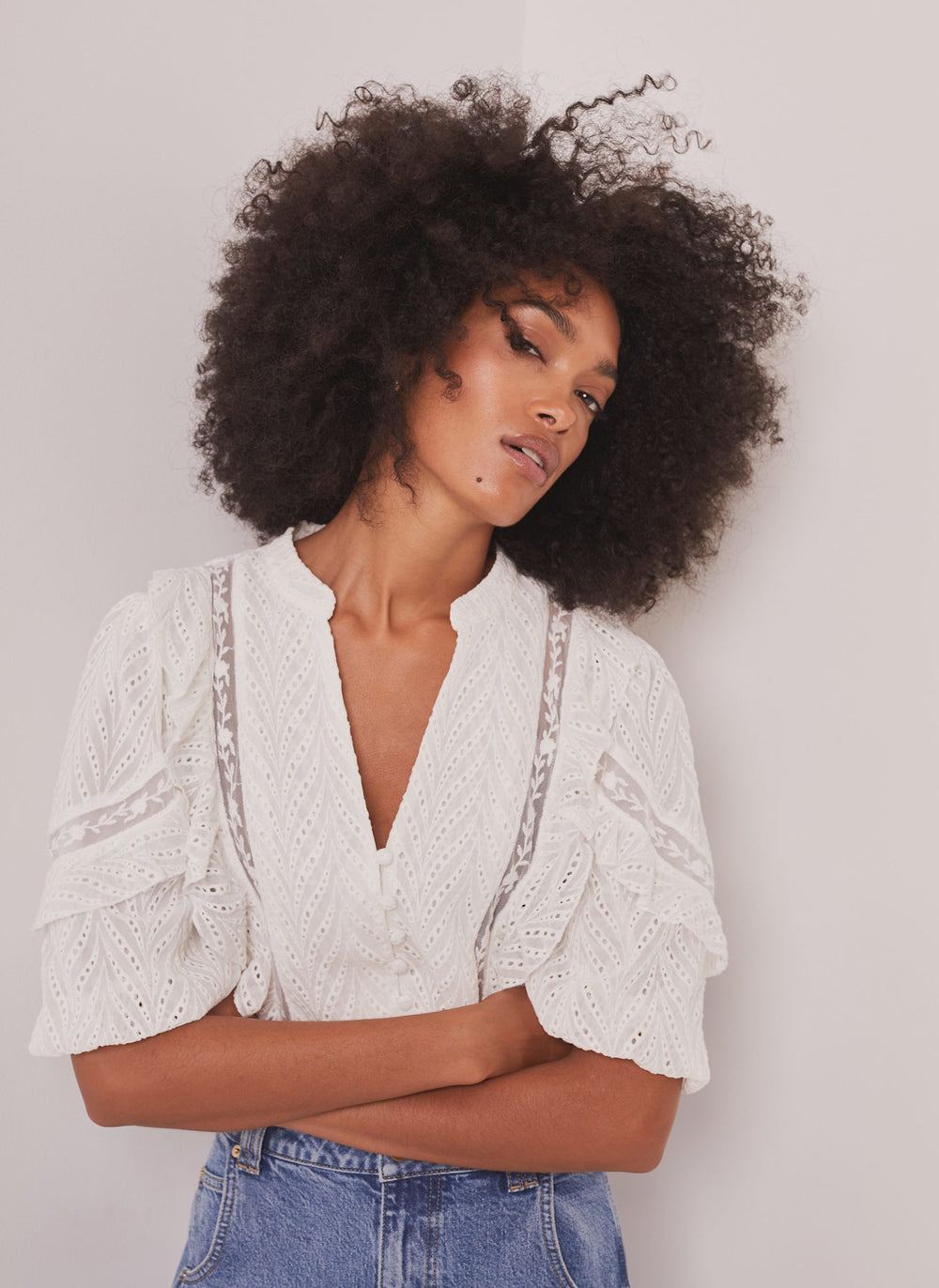 White Ruffle Puff Sleeve Blouse