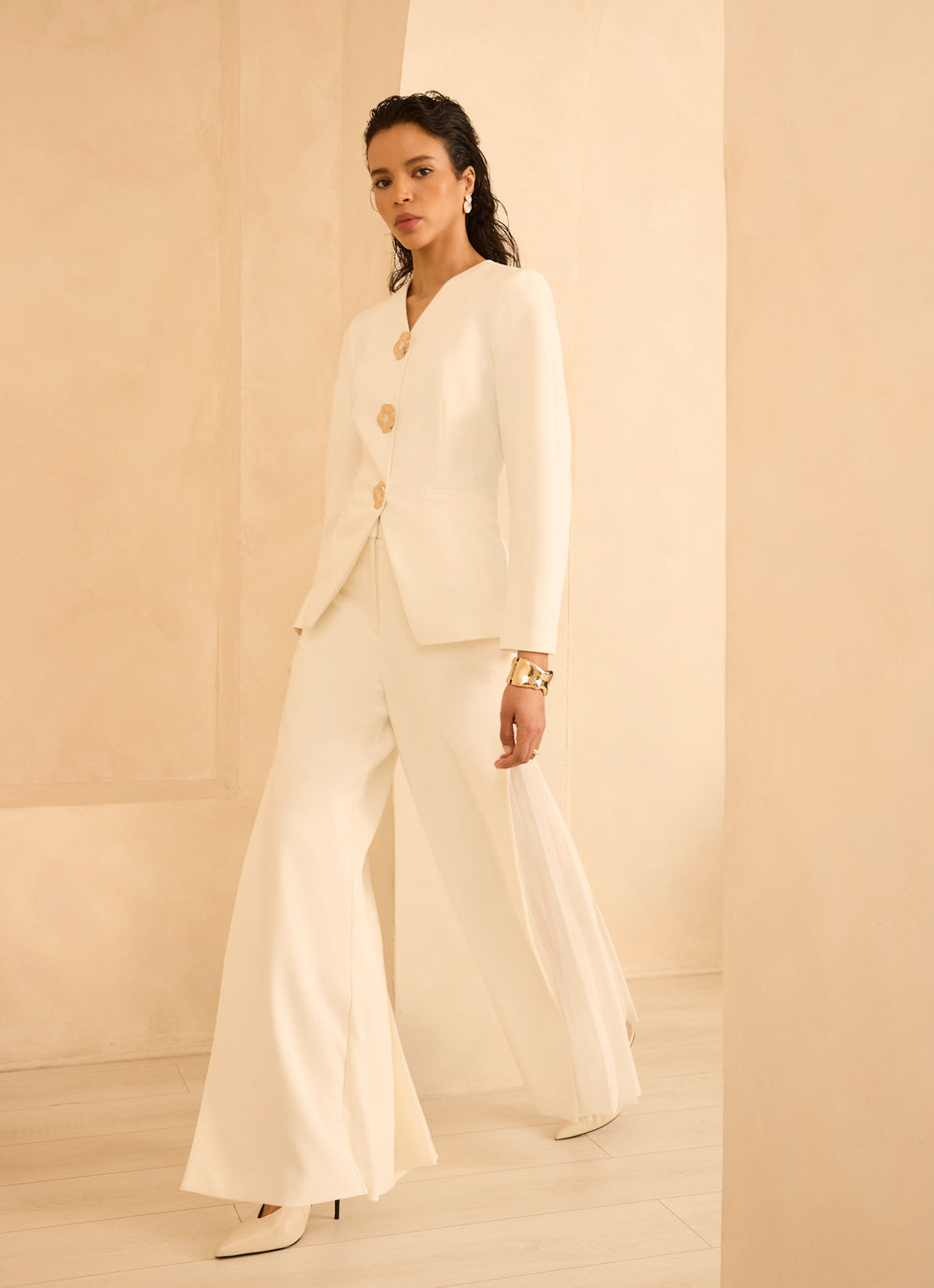 Cream Pleat Detail Trousers