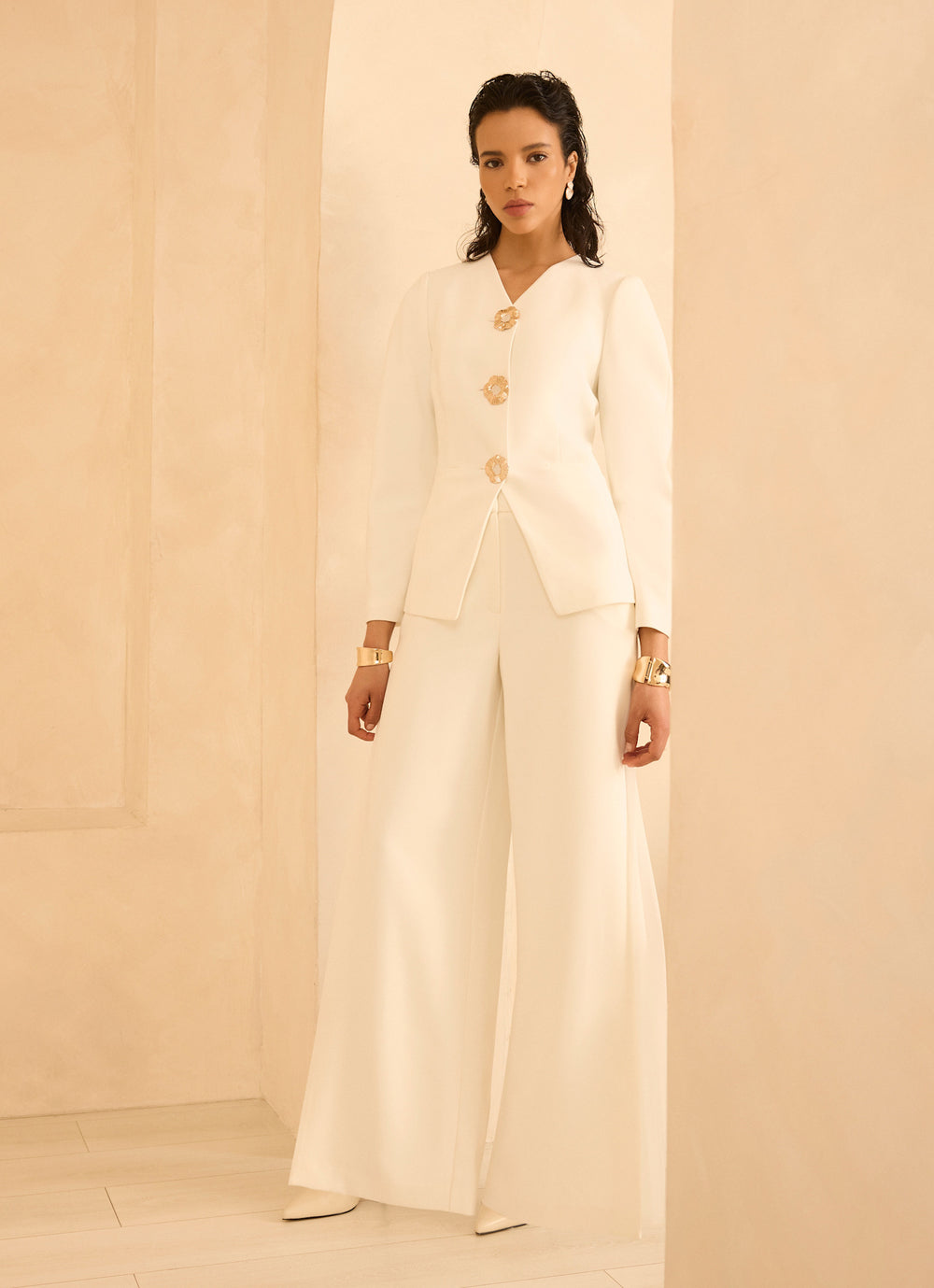 Cream Pleat Detail Trousers