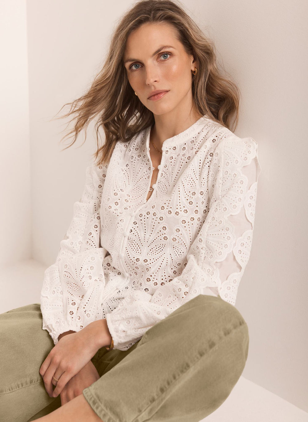 White Cotton Broderie Detail Blouse
