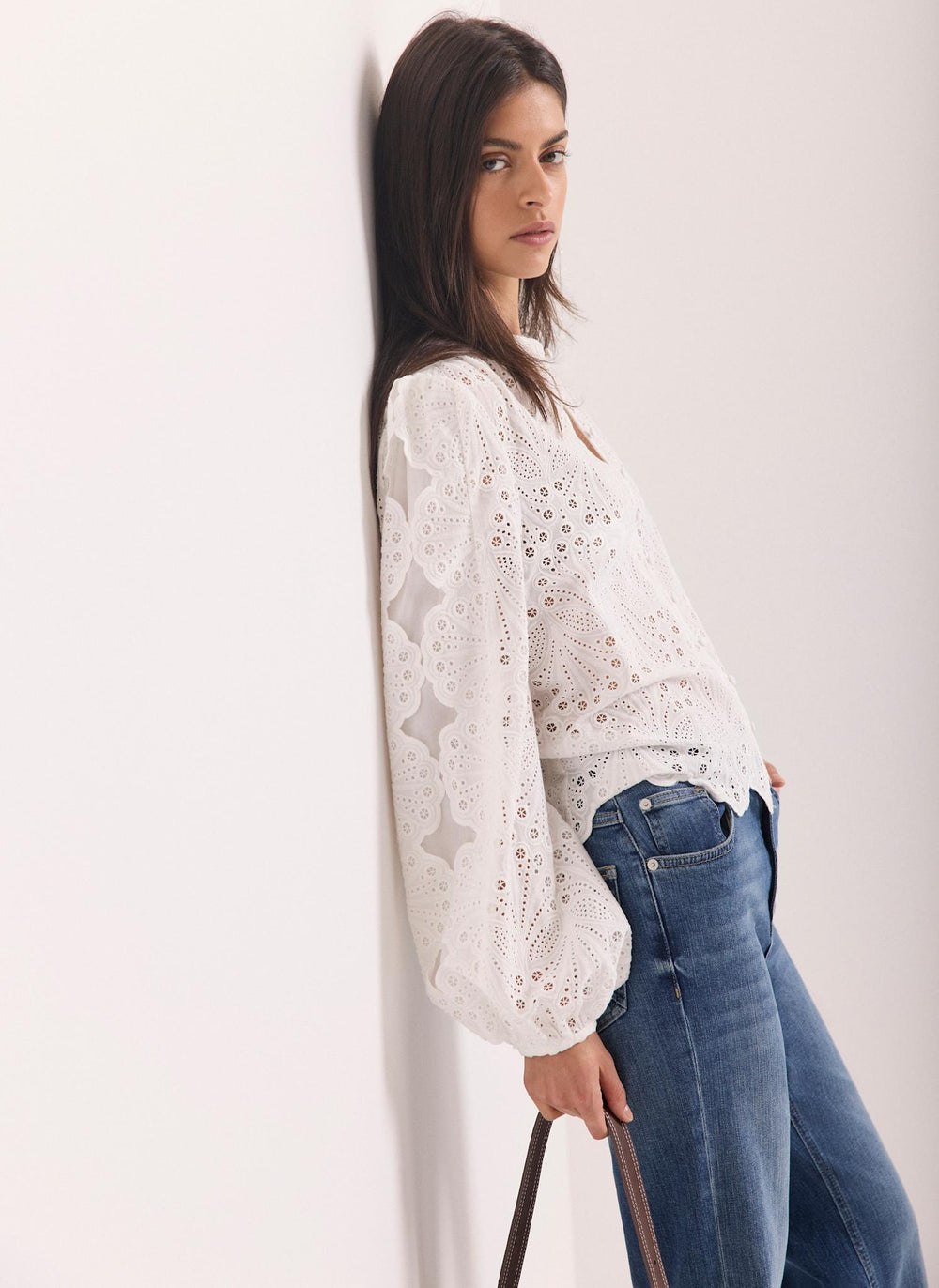 White Cotton Broderie Detail Blouse