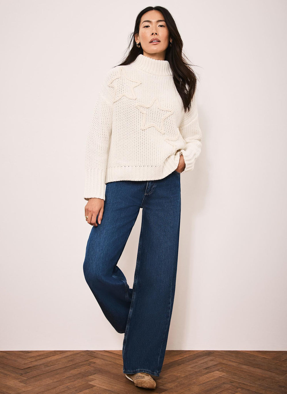 White Cotton Blend Star Detail Jumper