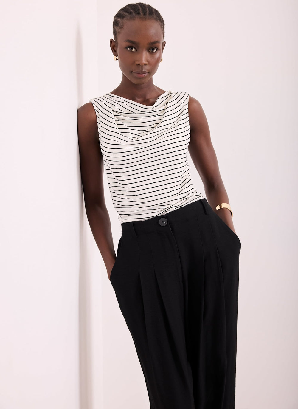 White & Black Stripe Cowl Neck Top