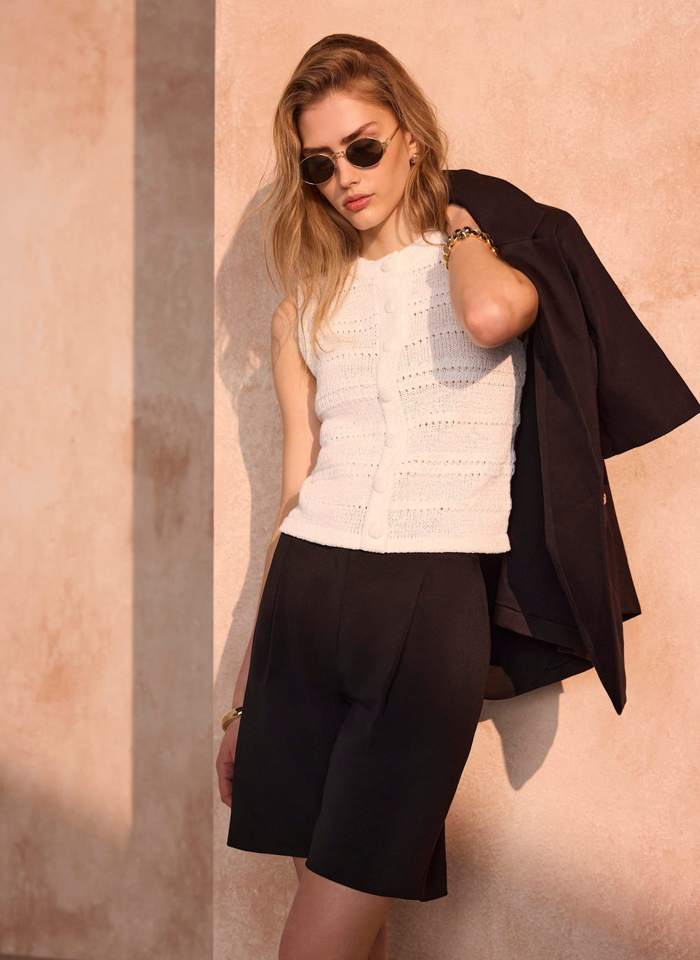 White Cotton Blend Button Detail Knit Top