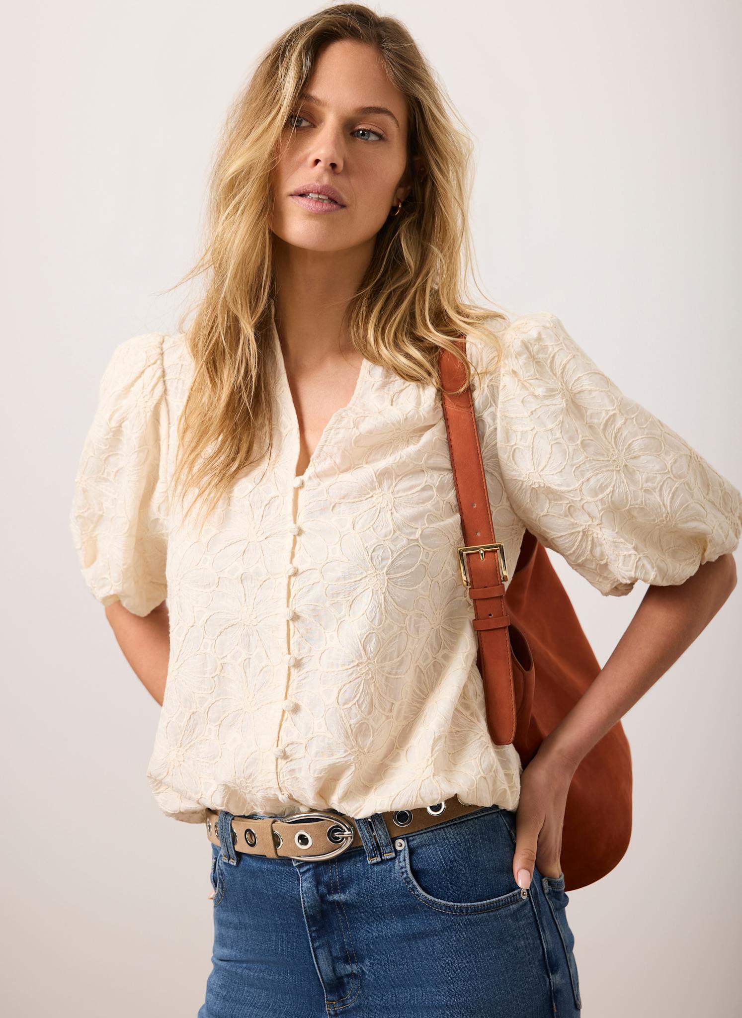 Cream Cotton Textured Floral Top – Mint Velvet