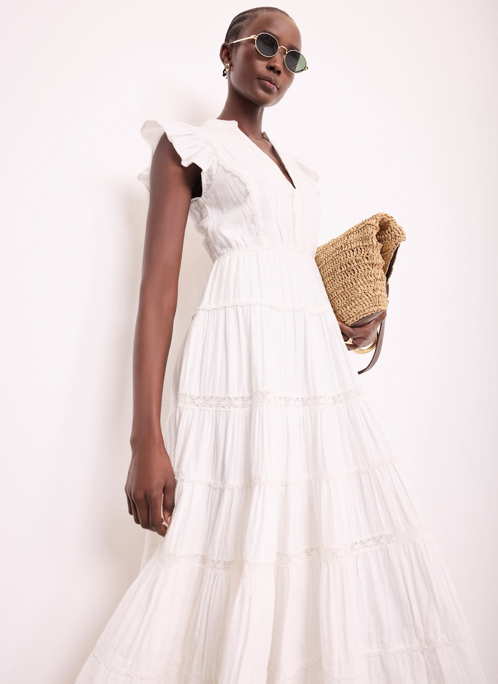 White Cotton Cheesecloth Tiered Midi Dress