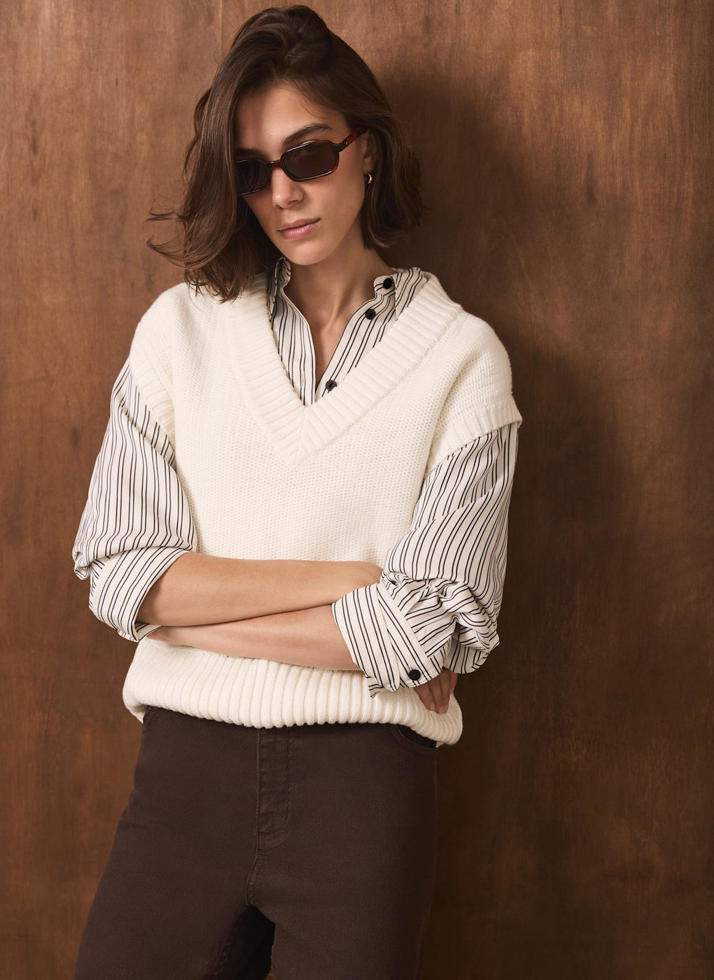 Cream Sleeveless V Neck Knit Top