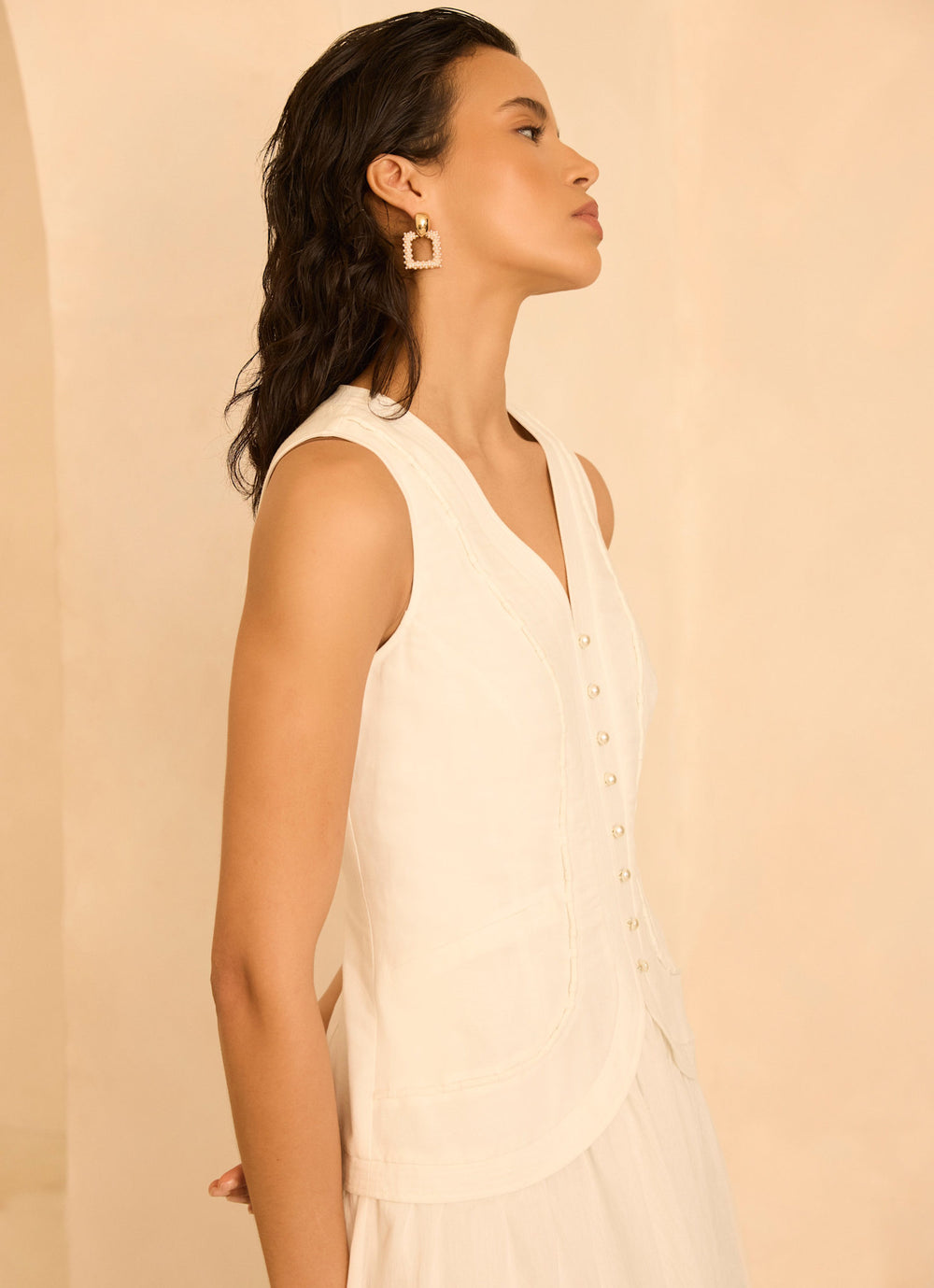 White Linen Blend Waistcoat Maxi Dress