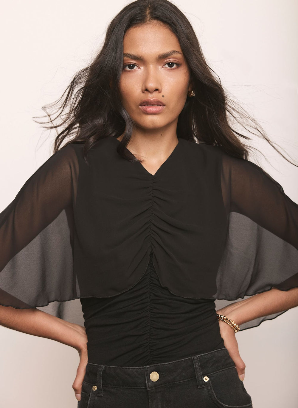 Black Woven Cape Top