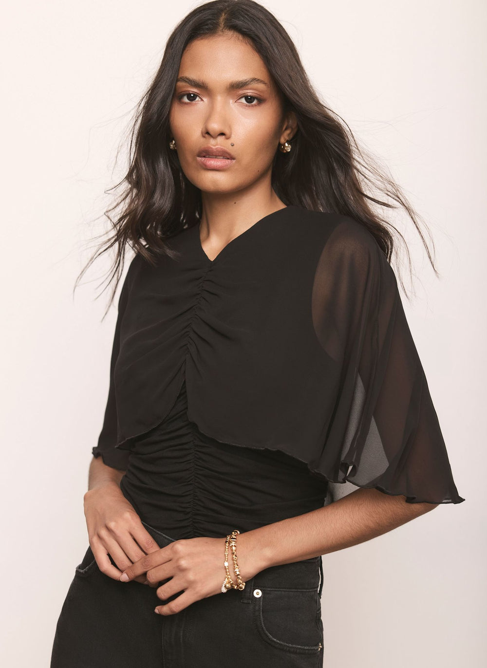 Black Woven Cape Top