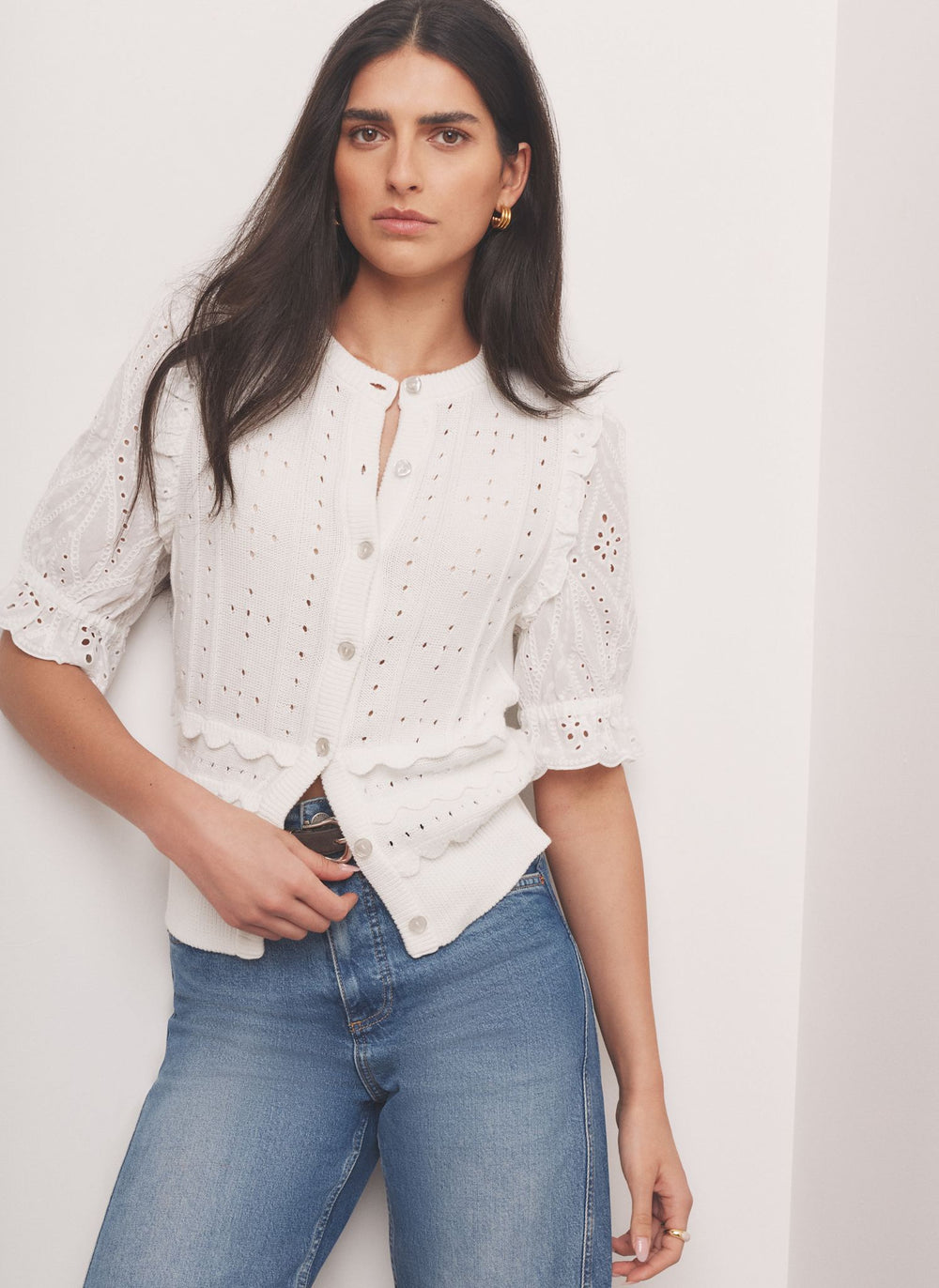 White Cotton Broderie Knit Top