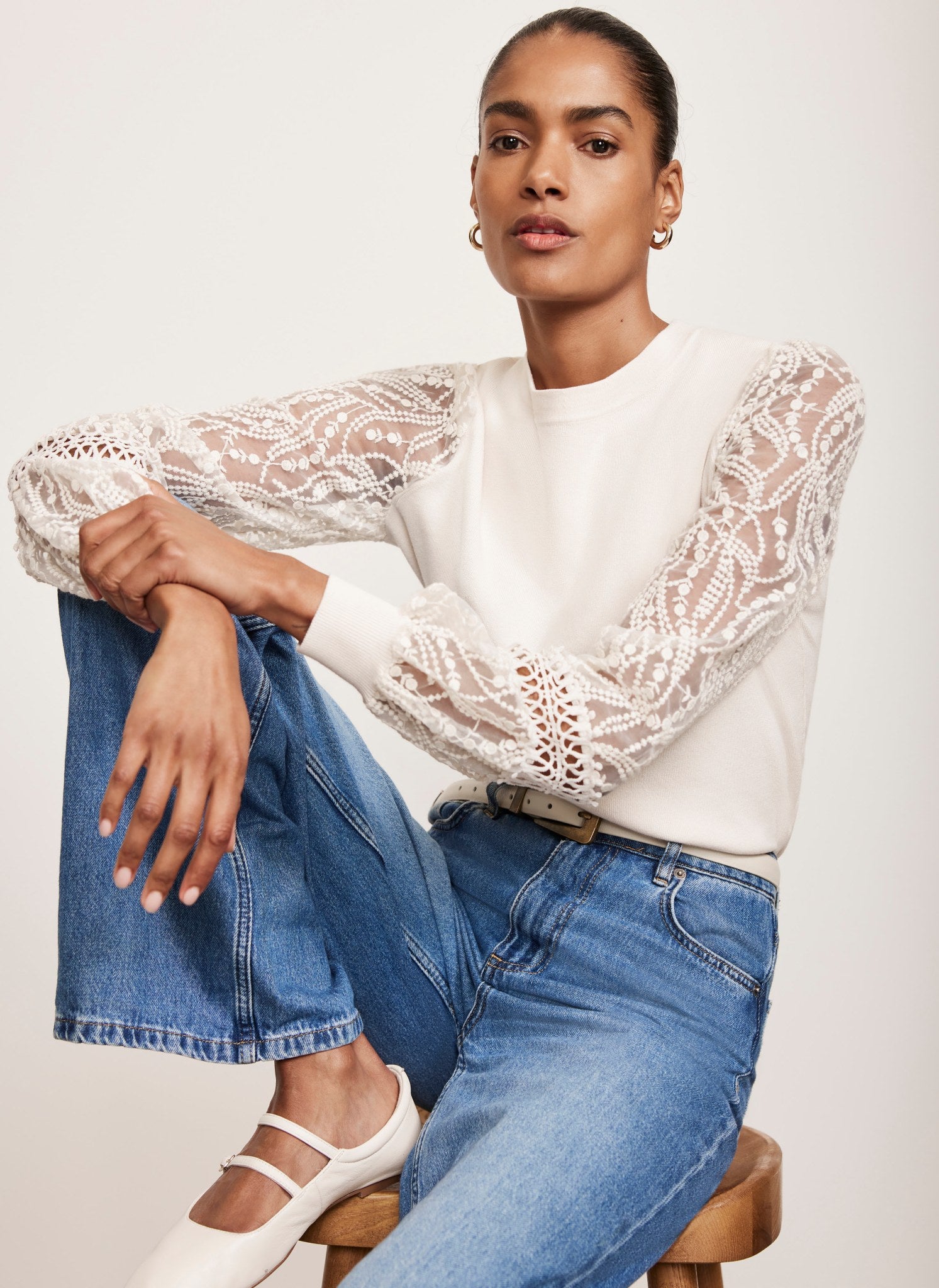 White Embroidered Sleeve Jumper – Mint Velvet