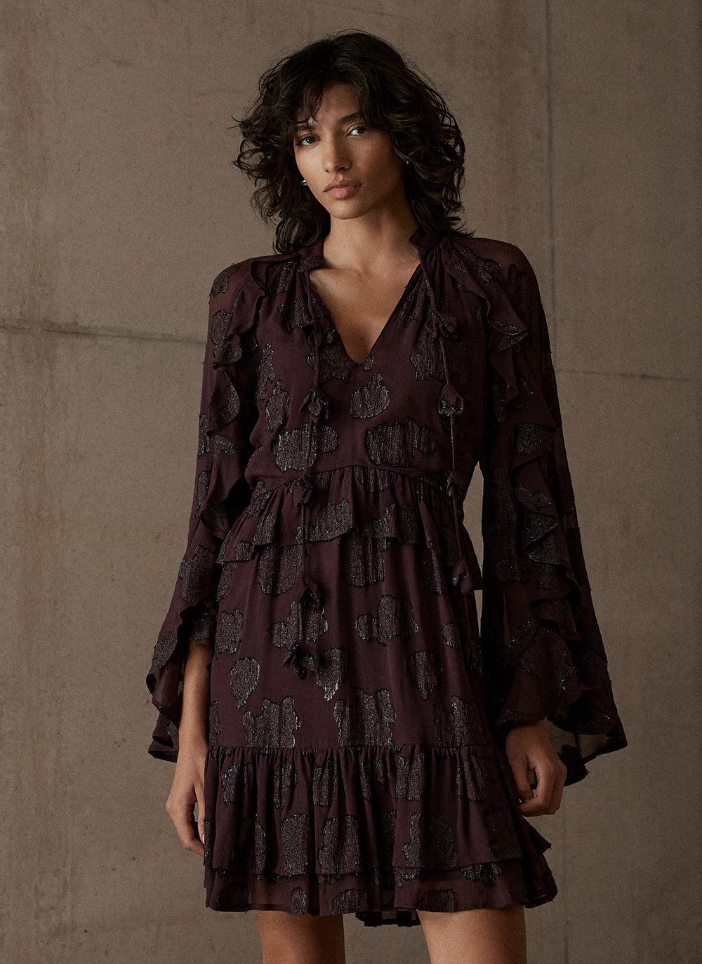Burgundy Jacquard Ruffle Mini Dress