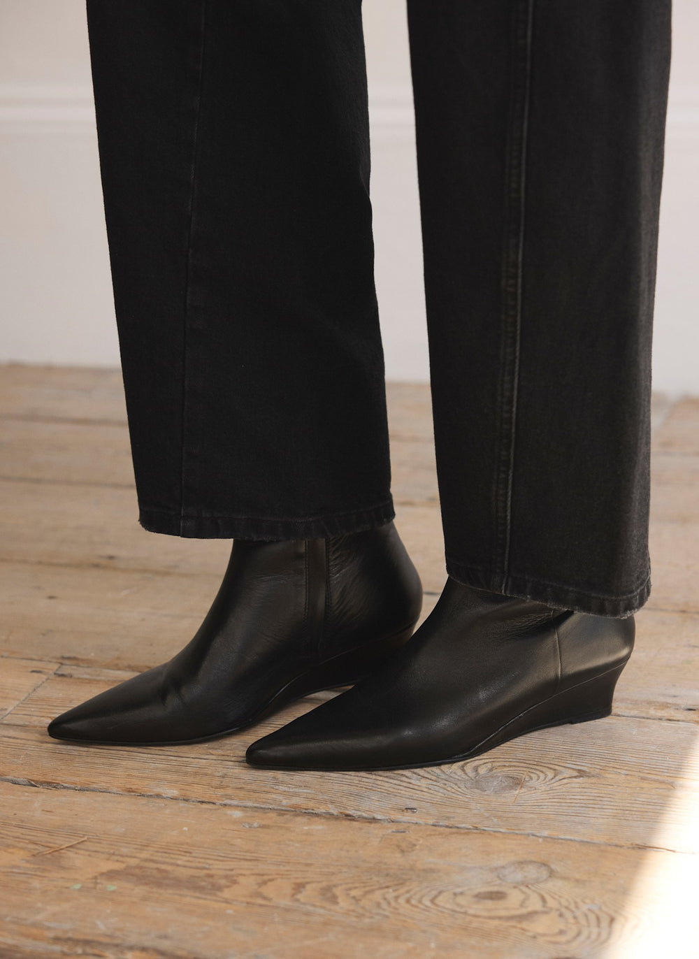 Kailey Black Leather Wedge Ankle Boots