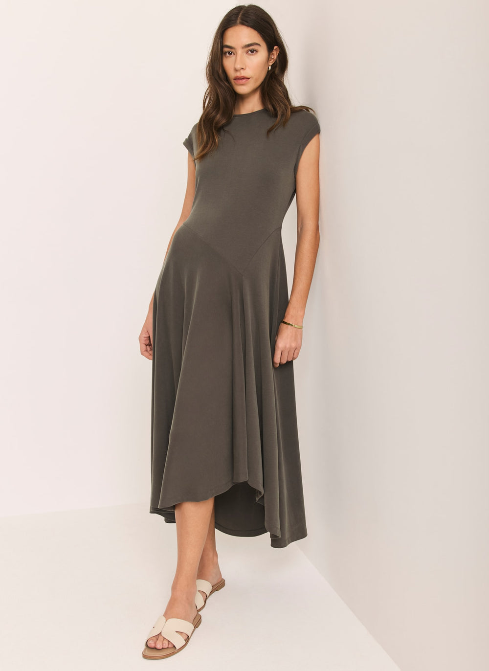 Khaki Jersey Asymmetric Midi Dress
