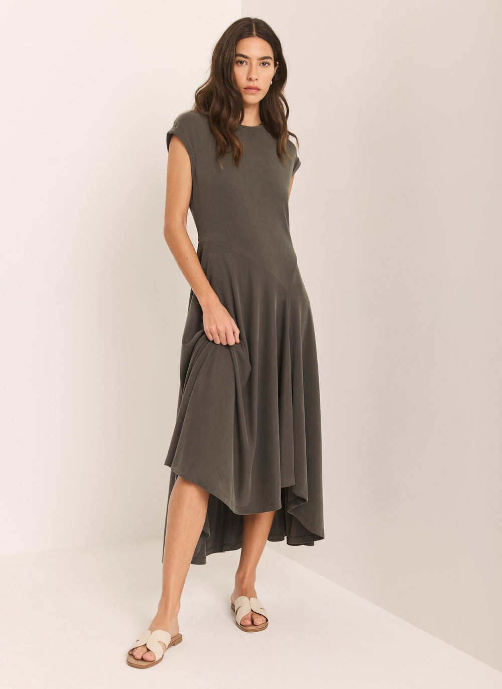 Khaki Jersey Asymmetric Midi Dress