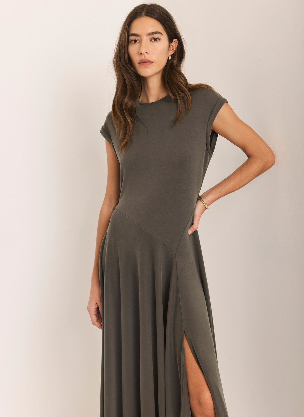 Khaki Jersey Asymmetric Midi Dress