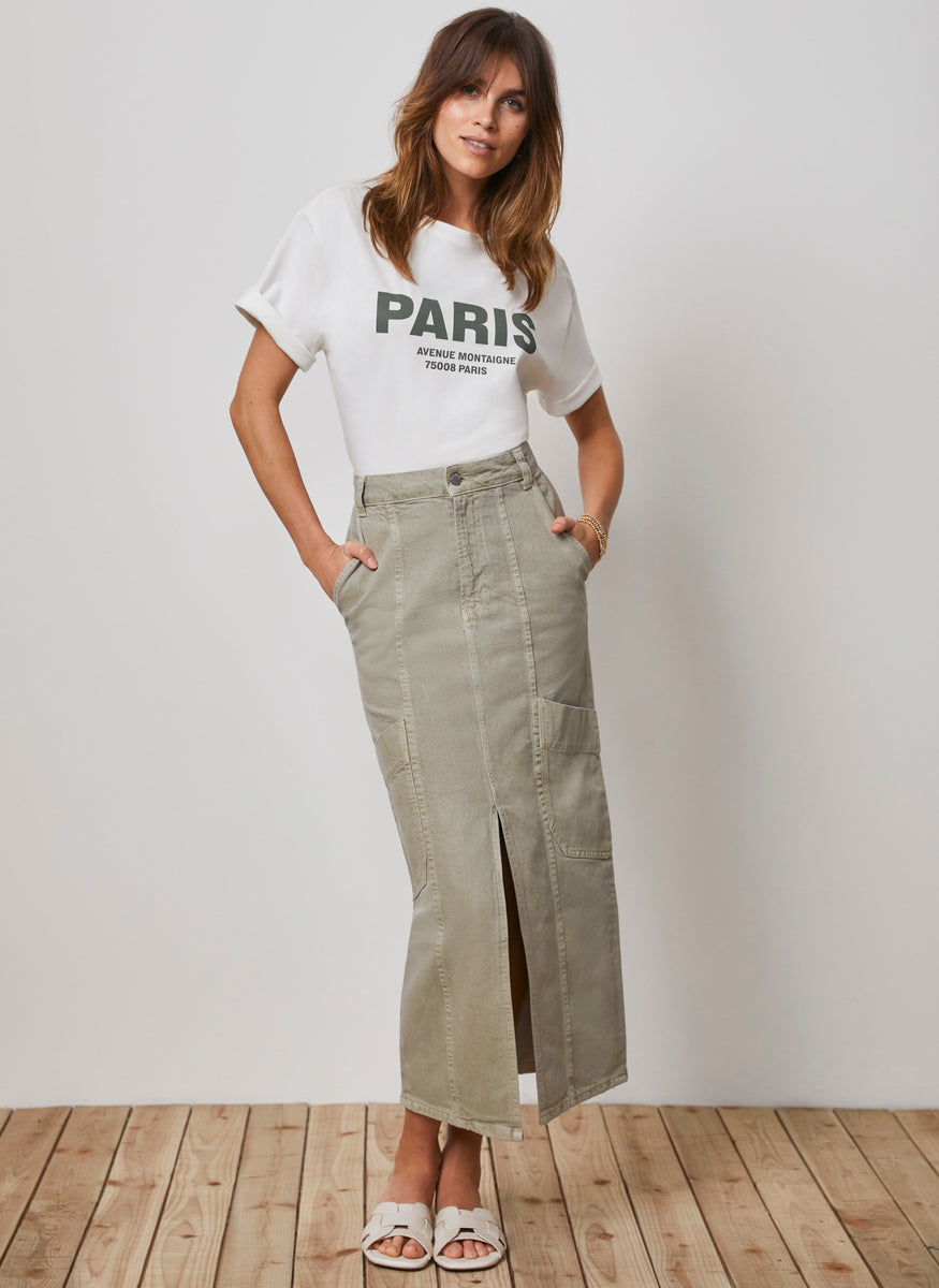 Khaki Cargo Denim Midi Skirt Mint Velvet